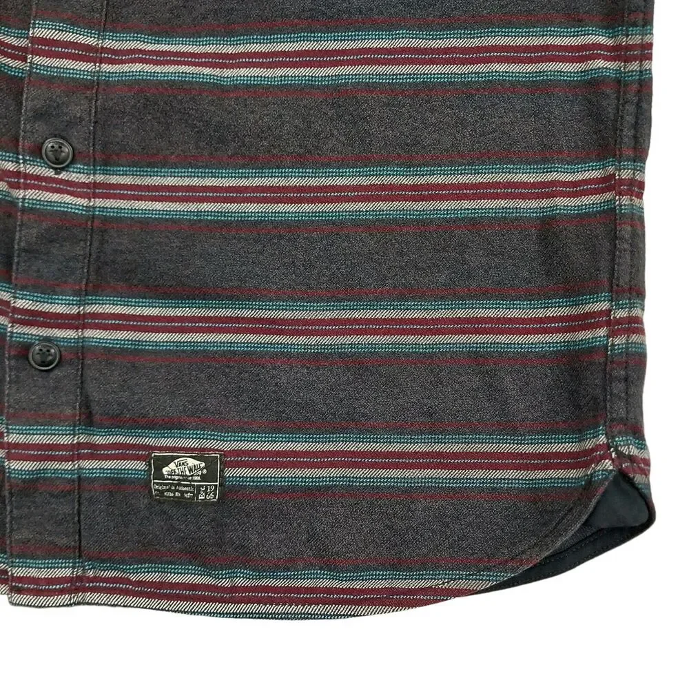 Vans Flannel Shirt Mens Medium Gray Striped Button Up Long Sleeve 100% Cotton